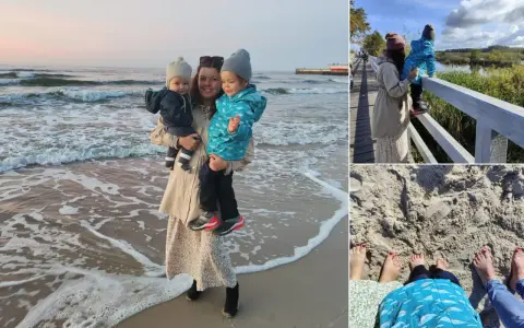 Kobieta z dziećmi na plaży i spacerze w Kołobrzegu.