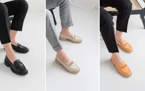 Eleganckie loafersy i mokasyny w kolorach czarnym, beżowym i pomarańczowym. Idealne do stylizacji z klasycznymi spodniami.