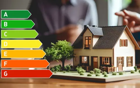 Energieeffizienz-Skala neben Hausmodell. Ein Energieberater erstellt einen Sanierungsfahrplan für Ihr Zuhause.