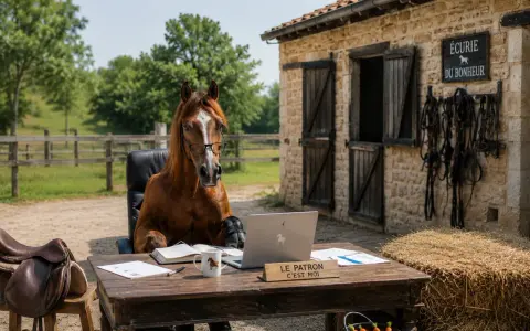 Un cheval brun avec des lunettes est assis à un bureau devant un ordinateur portable, à côté d'une écurie.