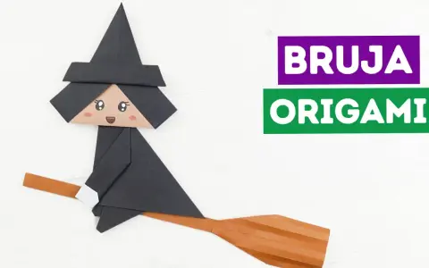 Bruja de origami volando en escoba. ¡Perfectas manualidades Halloween fáciles para crear!