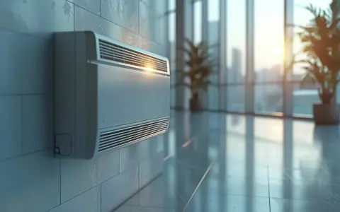 Condizionatore senza scarico condensa, montato su parete piastrellata, in un ambiente moderno con grandi vetrate e piante.