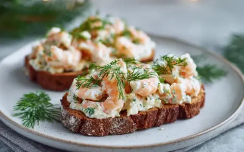 Två toast Skagen med dill och räkor på mörkt bröd, serverade på en tallrik.