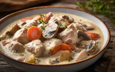 Un réconfortant blanquette de dinde avec des morceaux de dinde, des carottes et des champignons dans une sauce crémeuse, garnie de thym frais.