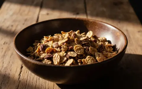 Schüssel mit knusprigem Müsli, perfekt für ein schnelles Frühstück aus dem Airfryer.