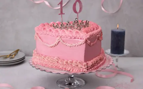 Prinzessin Torte ohne Fondant, dekoriert mit rosa Buttercreme-Rüschen und einer glitzernden Krone. Die Zahl 10 steht für den 10. Geburtstag.