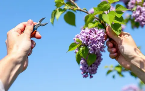 Quand tailler les lilas : une main tient un sécateur, l'autre saisit une branche de lilas en fleurs sous un ciel bleu.