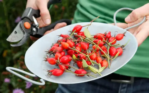 Hagebutten sammeln im Herbst. Eine Schere liegt bereit, während eine Schale voller leuchtend roter Früchte gezeigt wird.