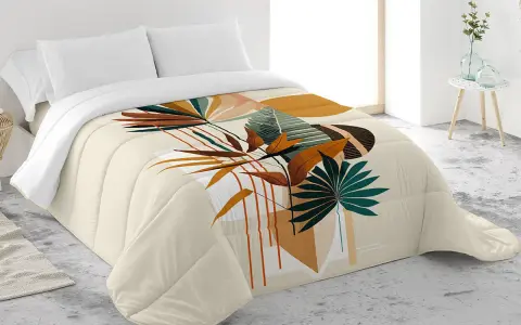 Edredón antilo con estampado botánico abstracto en tonos tierra y verdes. Un toque natural y moderno para tu dormitorio.