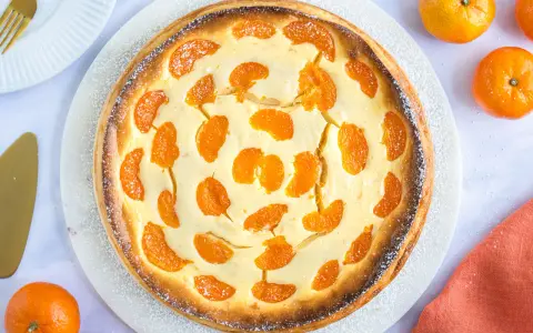 Ein goldbrauner, mit Mandarinen belegter Quarkkuchen, bestäubt mit Puderzucker. Dieser beste Mandarinen Quark Kuchen sieht köstlich aus!