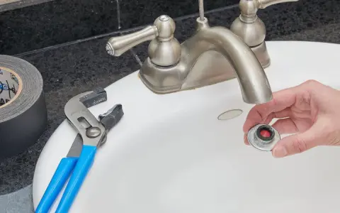 Hand holding a removed faucet aerator with red buildup, next to pliers and duct tape on a sink.