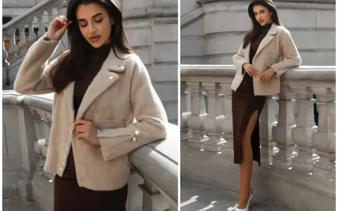 Elegancka kobieta w modnej, beżowej kurtce i brązowej sukience z rozcięciem. Idealna stylizacja na jesień.