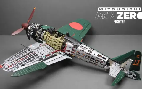 Detailgetreues Modell eines Mitsubishi A6M Zero-Jägers, dessen Innenleben freigelegt ist.
