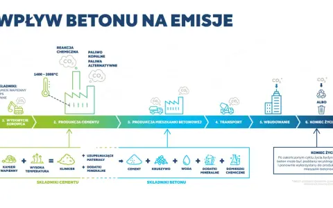 Schemat cyklu życia betonu, od wydobycia surowca po koniec życia, z uwzględnieniem emisji CO₂. LZO.