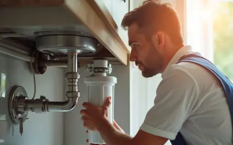Hombre instalando filtro de agua en casa bajo el fregadero.