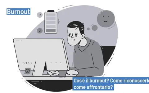 Uomo esausto davanti al PC, con batteria scarica e faccine tristi. Psicologia del burnout: come riconoscerlo e affrontarlo.