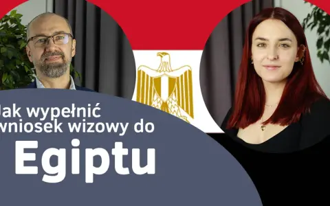 Mężczyzna i kobieta na tle flagi Egiptu, z tekstem "Jak wypełnić wniosek wizowy do Egiptu".