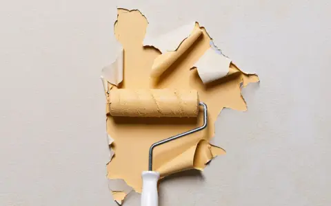 Un rouleau à peinture jaune révèle un mur où l'enduit ne tient pas, se décollant en lambeaux.
