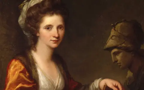 Portrait d'Angelica Kauffmann, artiste peintre, tenant un livre, avec une statue antique en arrière-plan.