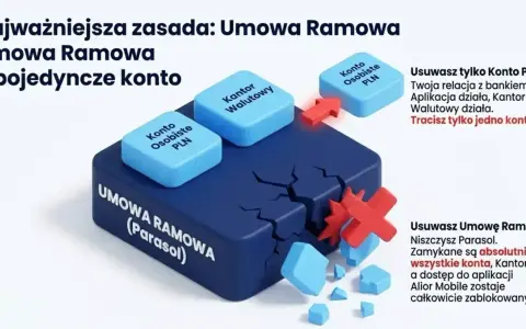 Grafika ilustruje, jak usunięcie Umowy Ramowej (Parasola) niszczy wszystkie konta i blokuje dostęp do aplikacji, w przeciwieństwie do usunięcia pojedynczego konta.