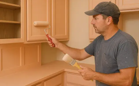 Uomo con cappellino dipinge mobili da cucina in legno con pittura murale color pesca, usando rullo e pennello.