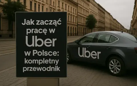 Czarny znak z napisem "Jak zacząć pracę w Uber w Polsce: kompletny przewodnik" obok ciemnoszarego samochodu Uber.