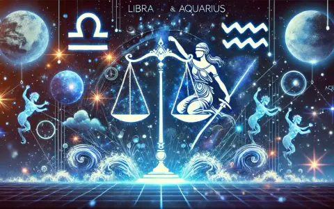 Kosmiczna wizja z wagą sprawiedliwości, symbolami Libry i Aquariusa, planetami i świetlistymi postaciami. W tej przestrzeni, gdzie rodzą się denarów uczucia, gwiazdy splatają losy.