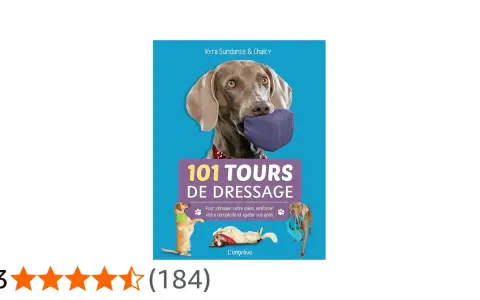 Livre "101 tours de dressage" pour apprendre des tours à son chien. Un Weimaraner tient un coussin dans sa gueule.