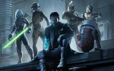 Postacie z nowej gry Star Wars: Jedi z zielonym mieczem świetlnym, droid, klony i tajemniczy mężczyzna z hologramem.