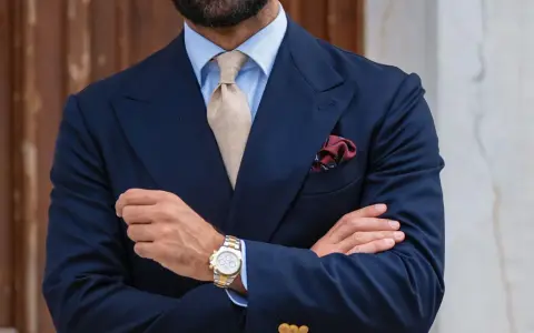 Uomo con abito blu, cravatta beige e fazzoletto bordeaux con un disegno floreale. Il fazzoletto, un dettaglio di stile, aggiunge un tocco di eleganza.