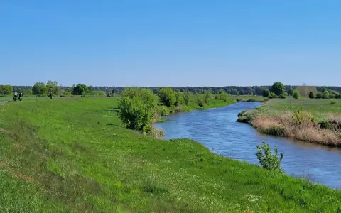 Malowniczy szlak rowerowy Odra Nysa wije się wśród zielonych łąk i lasów, nad błękitną rzeką.