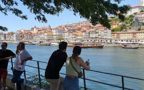 Blick auf Porto mit bunten Häusern und dem Fluss. Eine Gruppe genießt die Aussicht, eine tolle Porto Card Erfahrung.