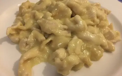 Straccetti di pollo al limone, un piatto cremoso e saporito, servito su un piatto bianco.