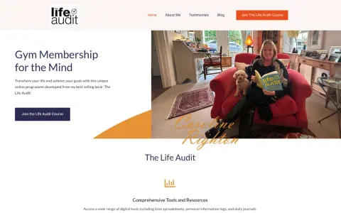 Woman with dog reads "The Life Audit" book, offering a daily check list for transformation.