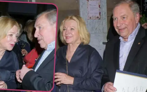 Barbara Stuhr w rozmowie z mężczyzną, oboje z kieliszkami w dłoniach.