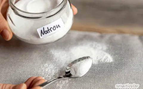 Natron, ein bewährtes Hausmittel gegen Katzengeruch in der Wohnung, wird hier auf einem Löffel gezeigt.
