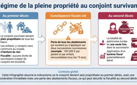 Infographie sur le régime de la pleine propriété au conjoint survivant : au premier décès, le conjoint hérite de tout sans droits de succession, mais perd les abattements fiscaux, alourdissant la fiscalité au second décès.