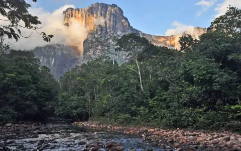 Ein Fluss schlängelt sich durch üppigen Dschungel zum Fuß des Salto Ángel, dem höchsten Wasserfall der Welt, der von Wolken umhüllt ist.