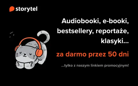 Uroczy kotek w słuchawkach słucha audiobooków i e-booków. Storytel to platforma, gdzie znajdziesz bestsellery, reportaże i klasyki za darmo przez 50 dni!