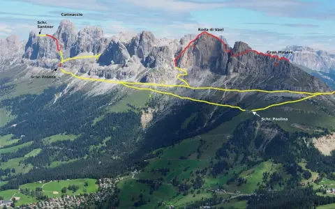 Trasy via ferrata Dolomity: Catinaccio, Roda di Vael i Gran Masare. Widok na schroniska Santner, Fronza i Paolina.