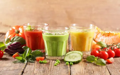 Trzy kolorowe koktajle warzywne, idealne na dietę sokową, na drewnianym stole.