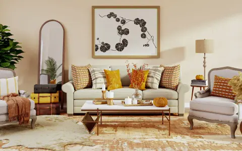 Acogedor salón con sofá, sillones y mesa de centro. Destaca una **gama colores cálidos** en cojines, mantas y decoración otoñal.