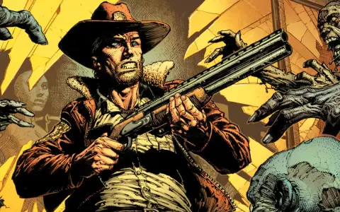 Rick Grimes z strzelbą otoczony przez zombie.