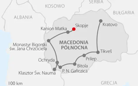 Mapa tras turystycznych po Macedonii Północnej. Planujesz macedonia wakacje? Zobacz trasę przez Skopje, Ochrydę i inne atrakcje.