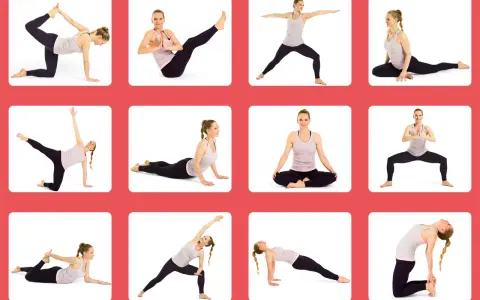En kvinna utför olika hatha yoga-positioner, från stående till liggande, med fokus på flexibilitet och styrka.