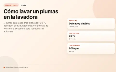 Guía para lavar plumas en lavadora: programa delicado, 30°C, centrifugado suave y secado con pelotas de tenis.