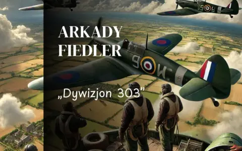Spitfire'y z Dywizjonu 303 w powietrzu nad polami. W tle napis "Arkady Fiedler".