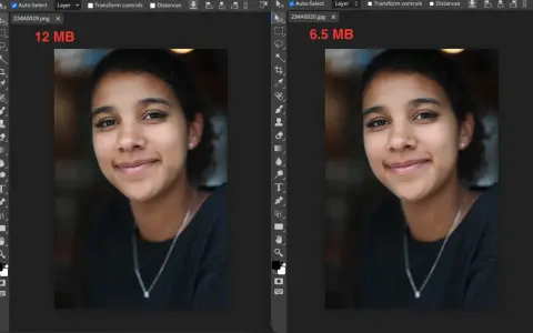 Dwa obrazy tej samej dziewczyny, jeden jako PNG (12 MB), drugi jako JPG (6.5 MB).