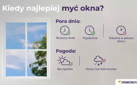 Najlepsza pora na mycie okien to wczesny ranek lub popołudnie, bez opadów. Unikaj południa w pełnym słońcu i deszczu.