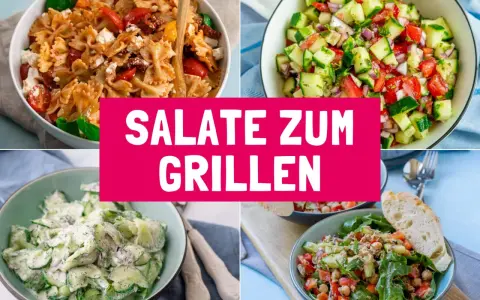 Vier leckere Salate für den Grill: Nudelsalat, Gurkensalat, Tomaten-Gurken-Salat und ein Thunfischsalat. Die 10 besten Salate für den Sommer.